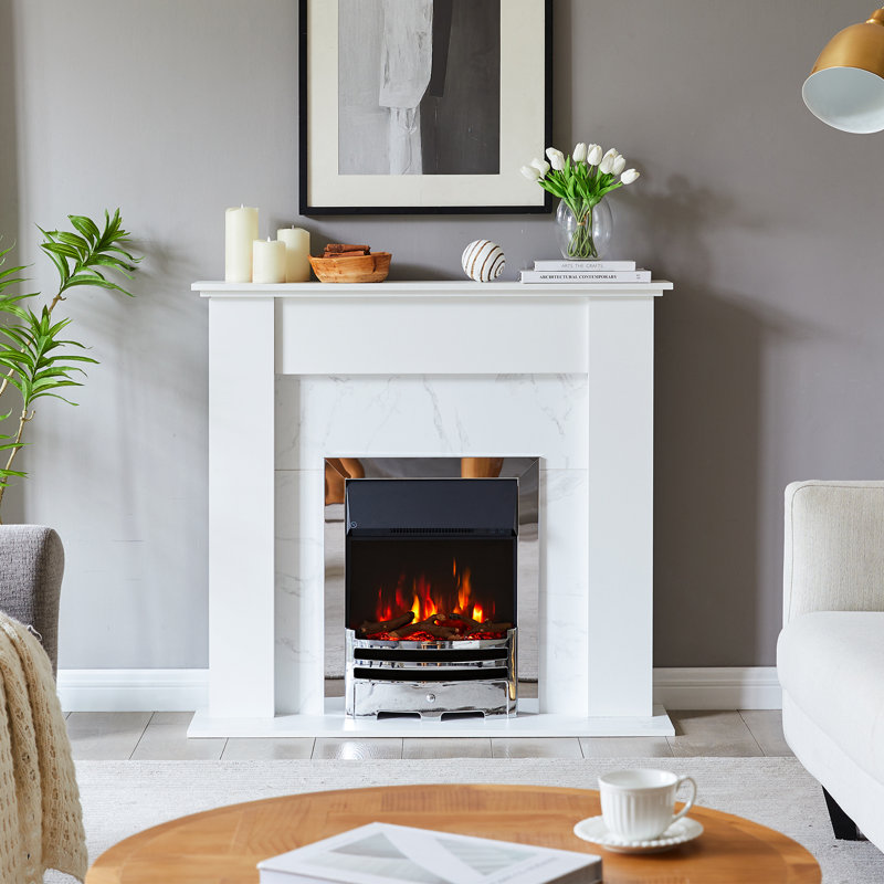 FLAMEKO Verona Electric Fireplace Insert, Logs and Black Chips Included 2kW Heater, Bauhaus Fret with Spacer, Remote, Chrome