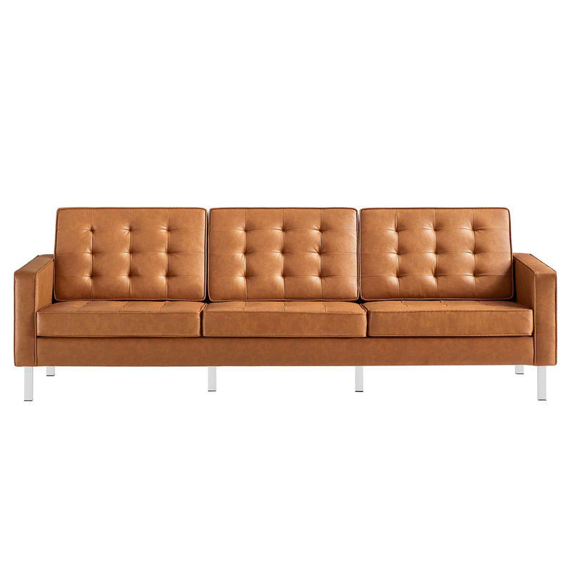 Silver Tan Tufted Faux Leather Sofa with Metal Frame