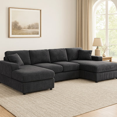 3 - Piece Corduroy Double Chaise Sectional With 4 Seats, Engineered Wood Frame, Streamlined Rectangular Back Cushions, Low Profile Aesthetic, Removable Covers, Gray Upholstery, 59.9 In Depth, 116.68