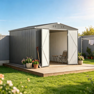 Abri de jardin en métal de 2,4 m x 3,7 m avec ventilation et toit en pente pour cour arrière