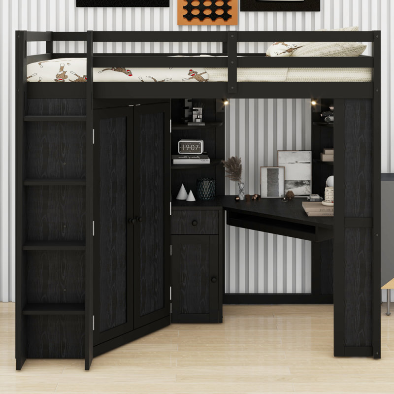 Lit mezzanine avec armoire de rangement intégrée, bureau et station de charge, Noir