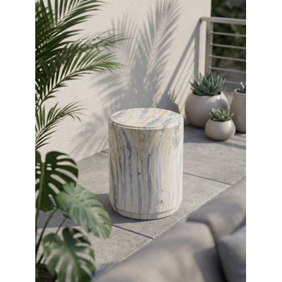D14,5 x 18,5 po, tabouret moderne gris et beige en faux marbre, table d'appoint sculpturale cylindrique, piédestal d'aspect pierre