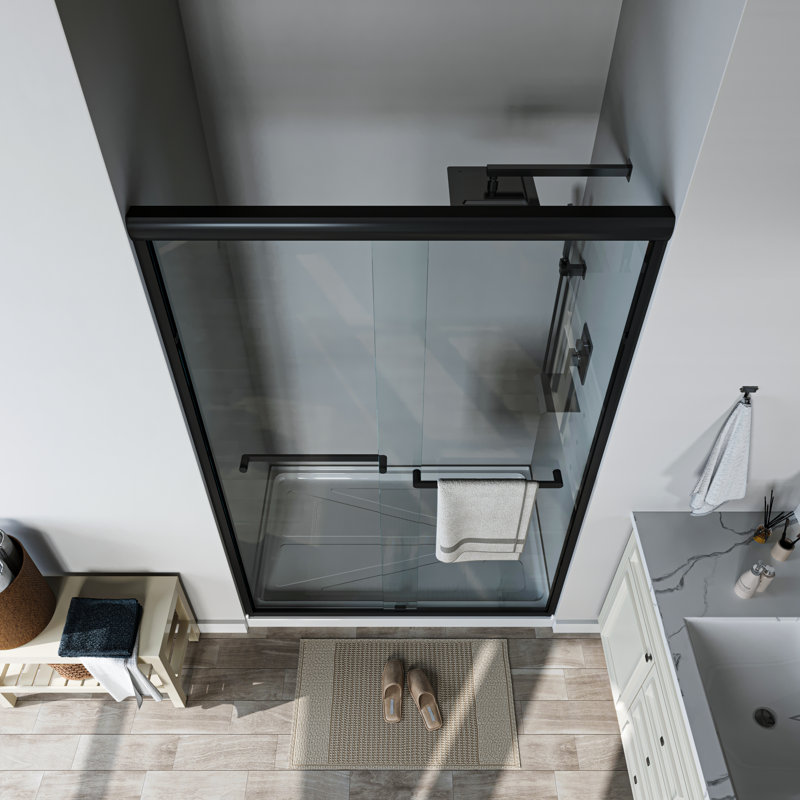 46 po à 48 po X P 72 po H Porte de douche coulissante encadrée avec verre transparent, Noir mat