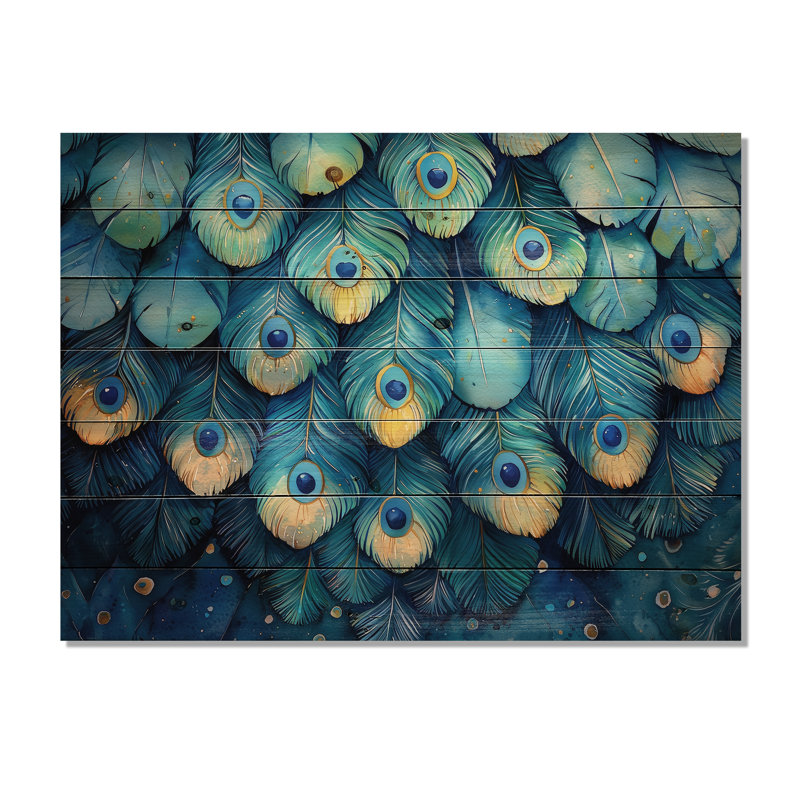 Peacock Feather Collage - Bird Wood Wall Decor - On Natural Pine Wood, 30" H x 40" W x 0.78" D
