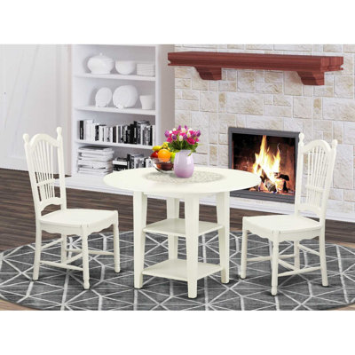 3 Piece Dining Room Furniture Set Contains a Round Kitchen Table with Dropleaf & Shelves and 2 Dining Chairs, Linen White