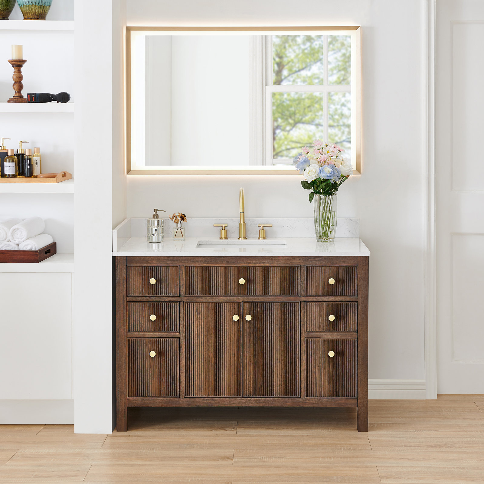 Lala 48" Single Bathroom Vanity with Grain White Engineered Stone Countertop with Mirror, Brown Brushed Oak