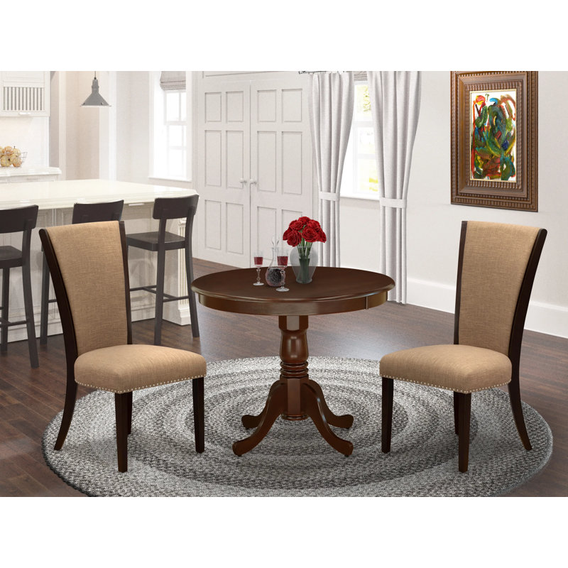 3 Piece Dining Table Set for Small Spaces Contains a Round Kitchen Table with Pedestal and 2 Light Sable Linen Fabric Parson Chairs, Linen White
