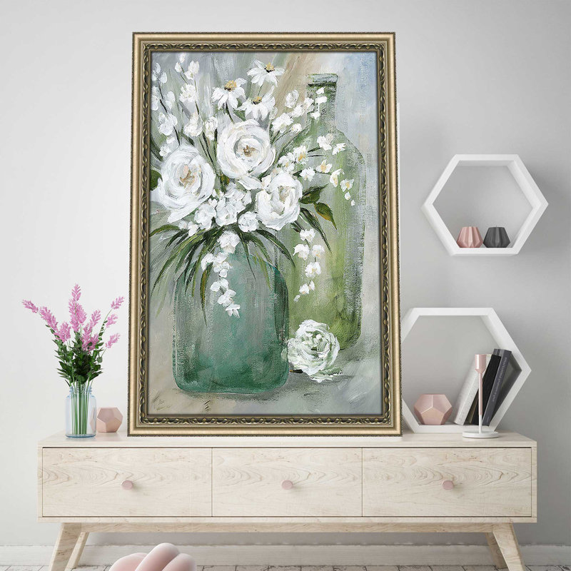 «Rosey Af après-midi» par Nan - Peinture, Encadrement champagne, H 39,5 po x l 27,5 po x P 0,75 po