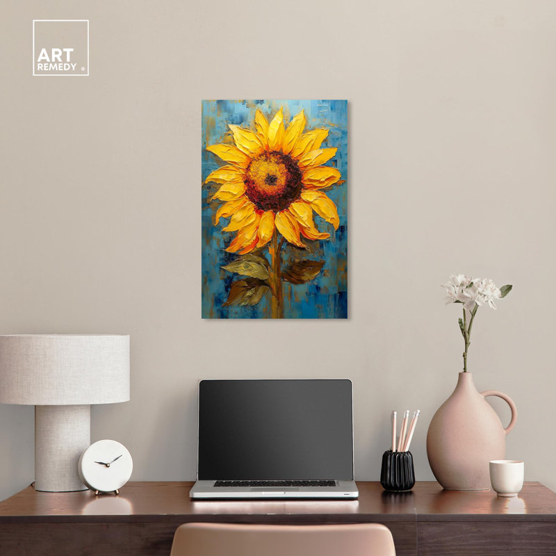 Impressionist Yellow Sunflower Canvas Art Print with Pine Frame