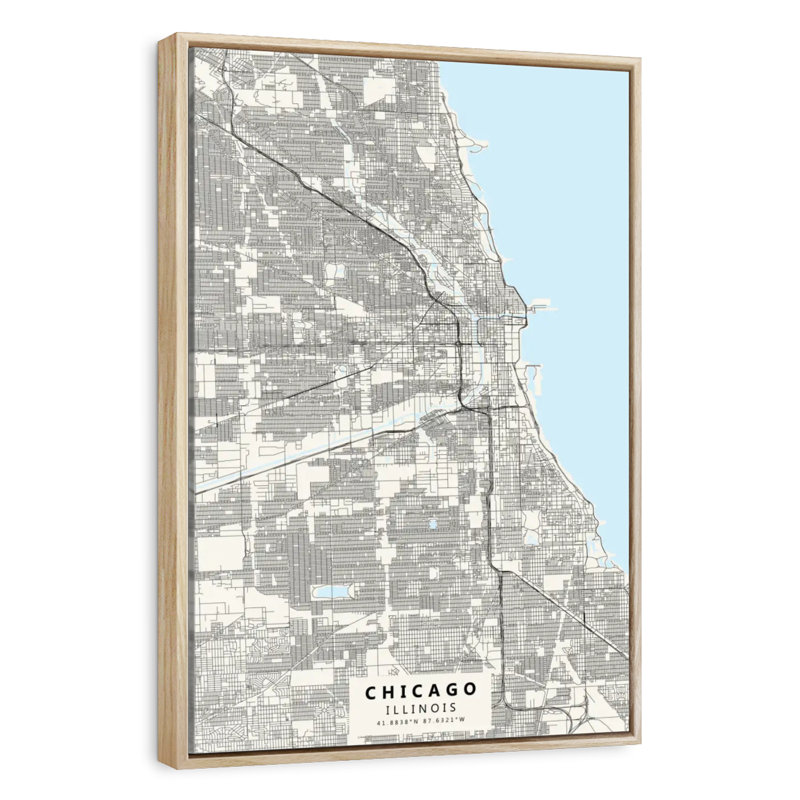 Carte de la ville de Chicago, Floating Frame Natural Wood, 25" x 37"