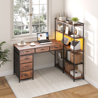L Shaped Gaming Computer Desk with 6 Fabric Drawers, Corner Gaming Desk with Open Shelves, Home Office PC Table with Power Outlets & LED Lights, 58.3"l*54.3"h, Rustic Brown