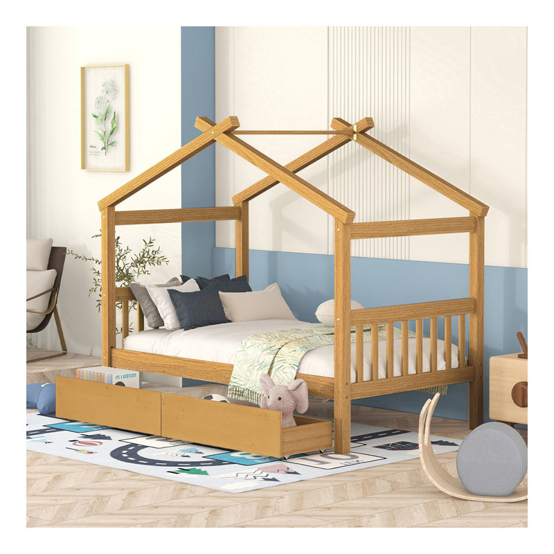 Lit simple en bois avec tiroirs, naturel, Naturel