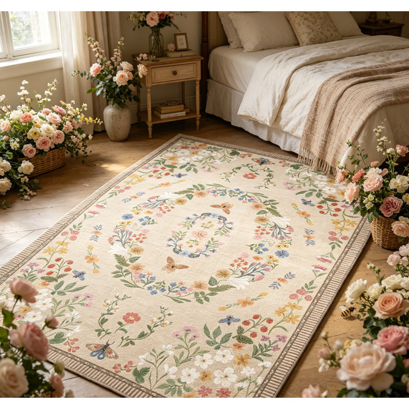 Tapis lavable à la machine à motif floral moderne, bordure antidérapante durable à bord bas, grands tapis rétro pour salon, chambre à coucher, salle à manger beige 5 * 7
