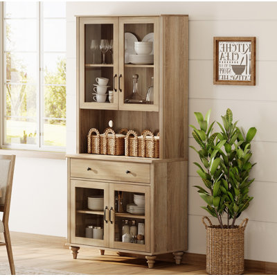 Corretta Buffet Cabinet With Bar Hutch, Kitchen Sideboard Cabinet With Glass Doors And Wooden Drawer, Farmhouse Sideboard Credenza For Dining Room, 5 Tier Bookshelf With Wood Door, Oak, 34''