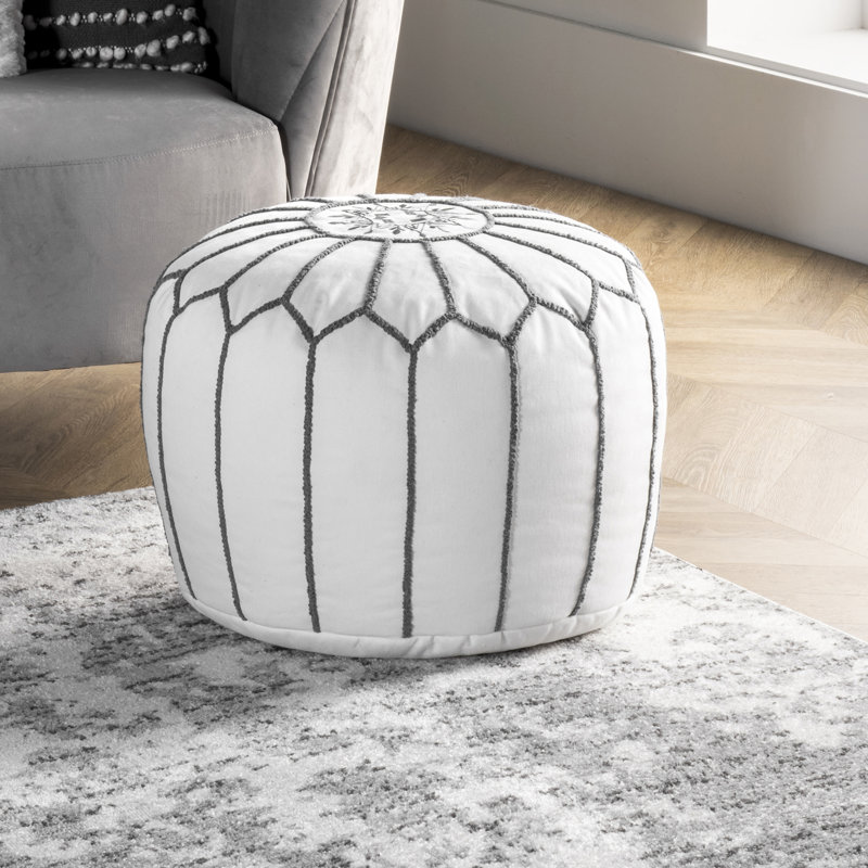 Edsell Upholstered Pouf, White Cotton