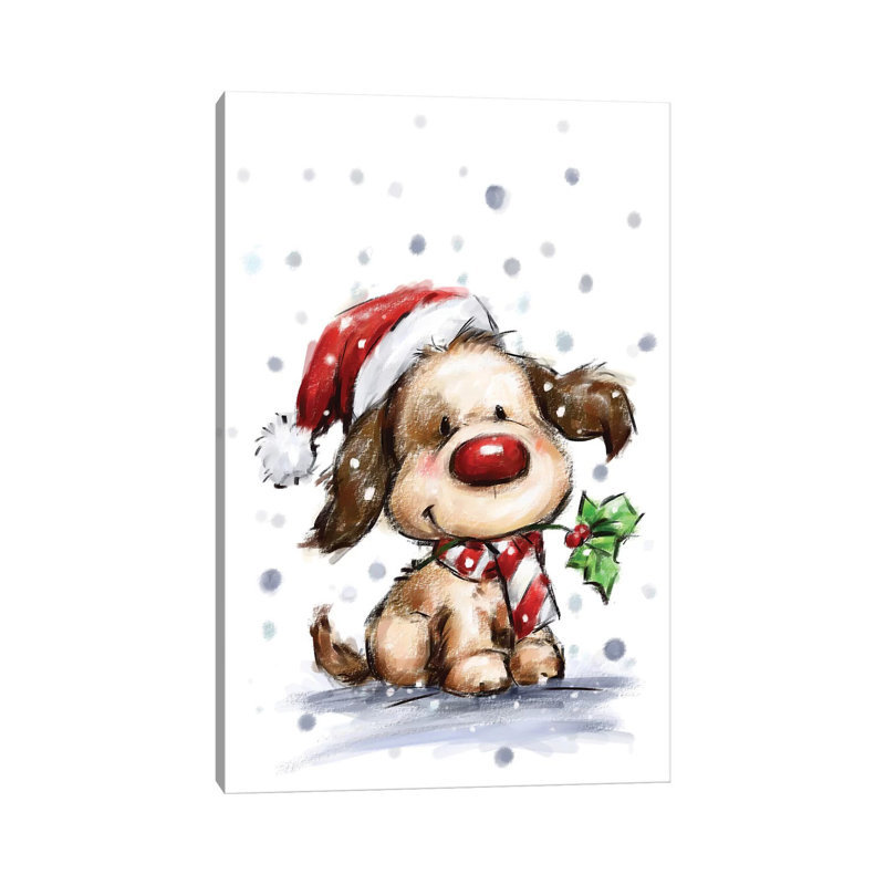 Dog With Holly by MAKIKO - Wrapped Canvas Print, 20.32 cm H x 30.48 cm W