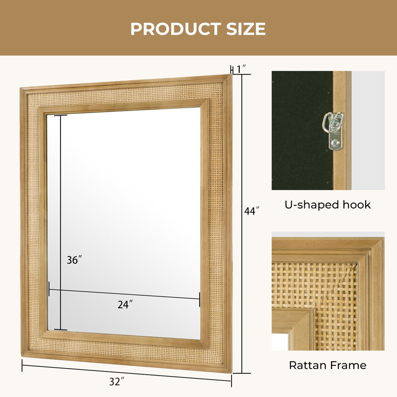 Rectangle Rattan Wood Frame Mirror with Tempered Glass, 44" x 32"