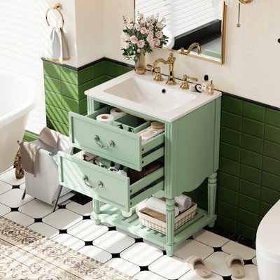 Meuble-lavabo de 61 cm avec lavabo en céramique, style rétro inspiré des palais, deux tiroirs à fermeture amortie, étagère ouverte, robinet brillant de 20 cm au design vintage ondulé, rangement en forme de U, fixation murale