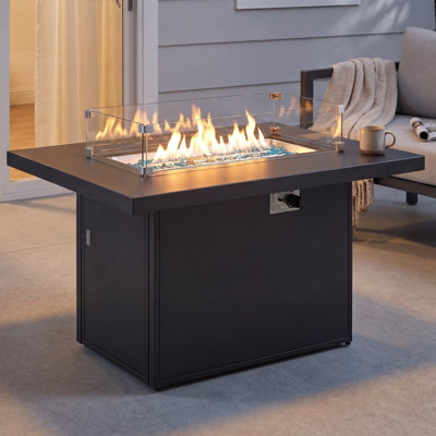 Bukovec 43" Aluminum Propane Fire Pit Table, 60,000 BTU Rectangular Outdoor Fire Table with Glass Wind Guard, Lid, Cover & NG Conversion Orifice