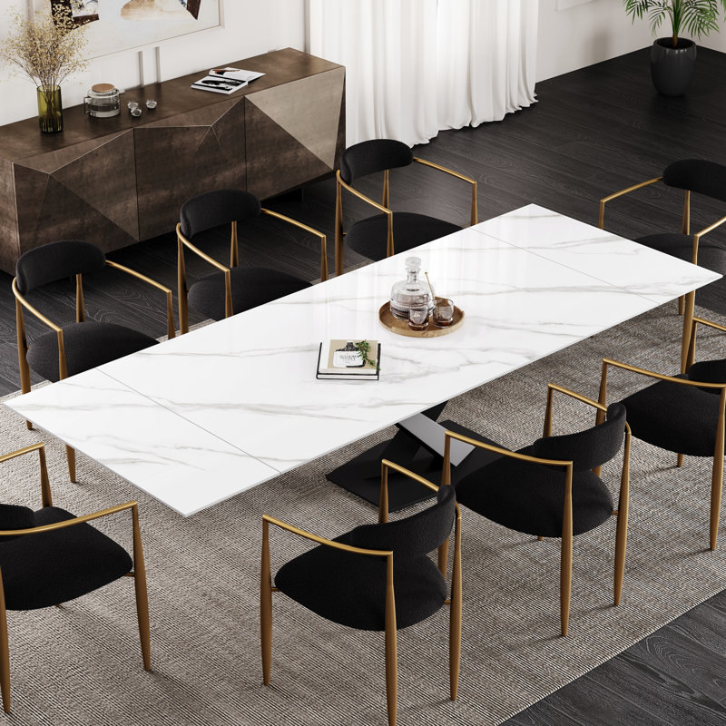 Modern 63" To 94.5" Extendable Dining Table With Sintered Stone Top And Cross-Shaped Metal Legs, Seats 8-10, Black, Black