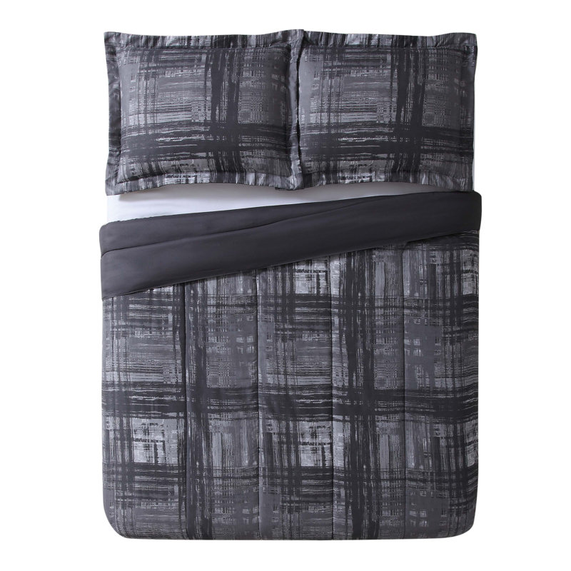 Full Gray Reversible Microfiber Plaid Comforter Set