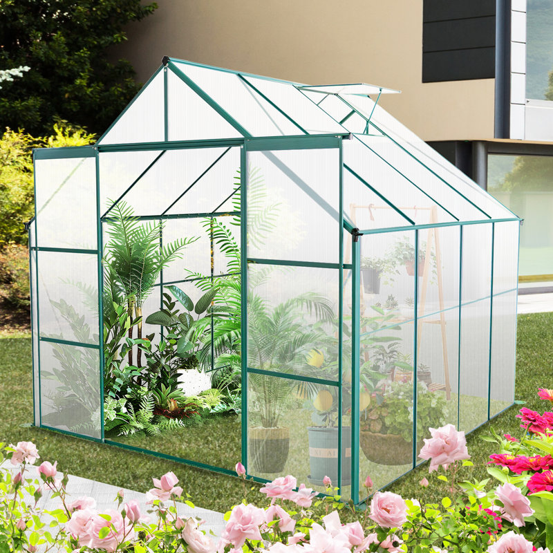 8x8 Ft Polycarbonate Greenhouse With Galvanized Base, Walk-in, For Outdoor Backyard Plants In All Seasons Heavy Duty Greenhouse, Ventilation System