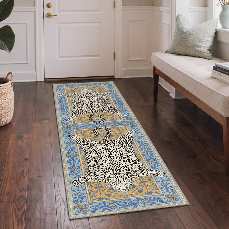 Tapis bleu / jaune / beige lavable à la machine Alinda, Tapis de couloir de 2 pi x 7 pi
