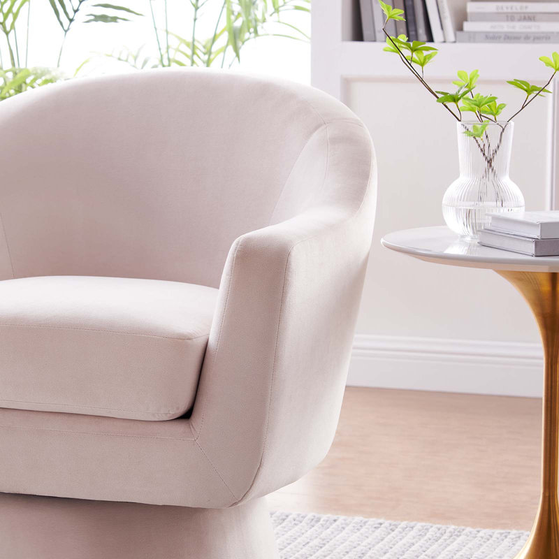 Astral Pink Velvet Barrel Swivel Accent Chair with Wood Base