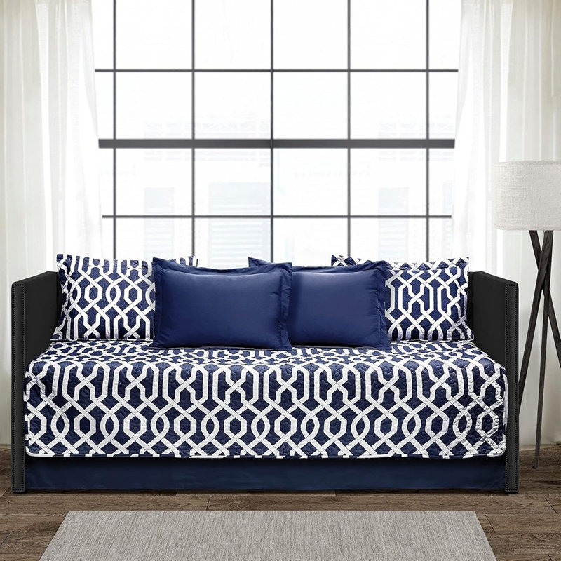 Navy And White Edward Trellis Patterned Daybed Cover Set Includes Bed Skirt, Pillow Shams, And Cushion Covers