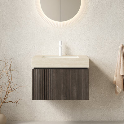 Meuble-lavabo de salle de bain 24 po MURI, armoire de rangement flottante en contreplaqué avec 2 portes, comptoir en pierre frittée Roma Travertine et lavabo en céramique avec 1 trou de robinet pré-percé, pré-assemblé