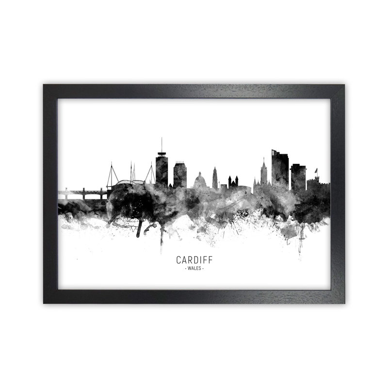 Cardiff Wales Skyline Black White City Name by Michael Tompsett - Print, 34cm H x 46cm W x 3cm D, Black Framed