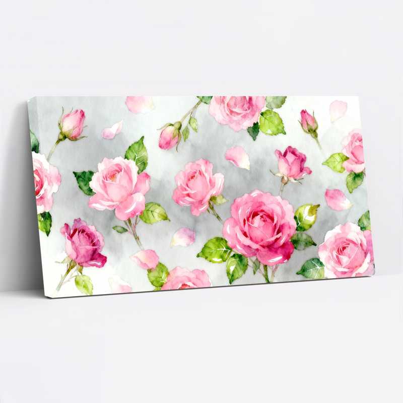 Ensemble de 1 tableau mural aquarelle de roses roses à motif floral, H 24 po x l 48 po
