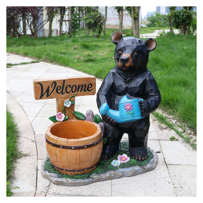 Charmante statue de jardin d'ours avec pot de fleurs - Sculpture d'extérieur peinte à la main pour décoration de jardin, de patio et de pelouse