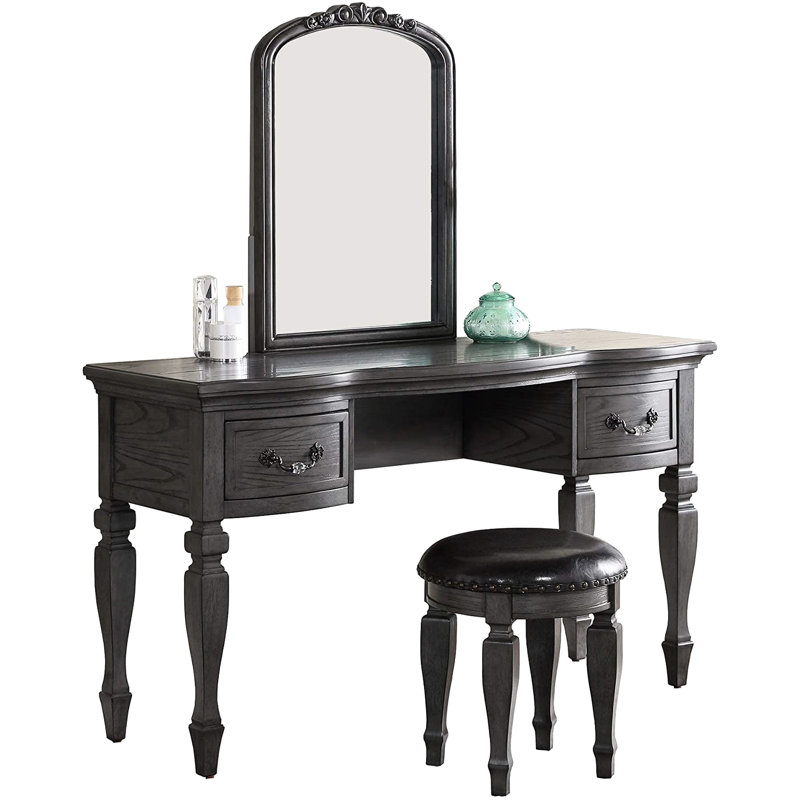 Luxury Bedroom Vanity With Black Wood Finish And Felt-lined Drawers - Stool Included In Antique Grey Wooden Nailhead Trim