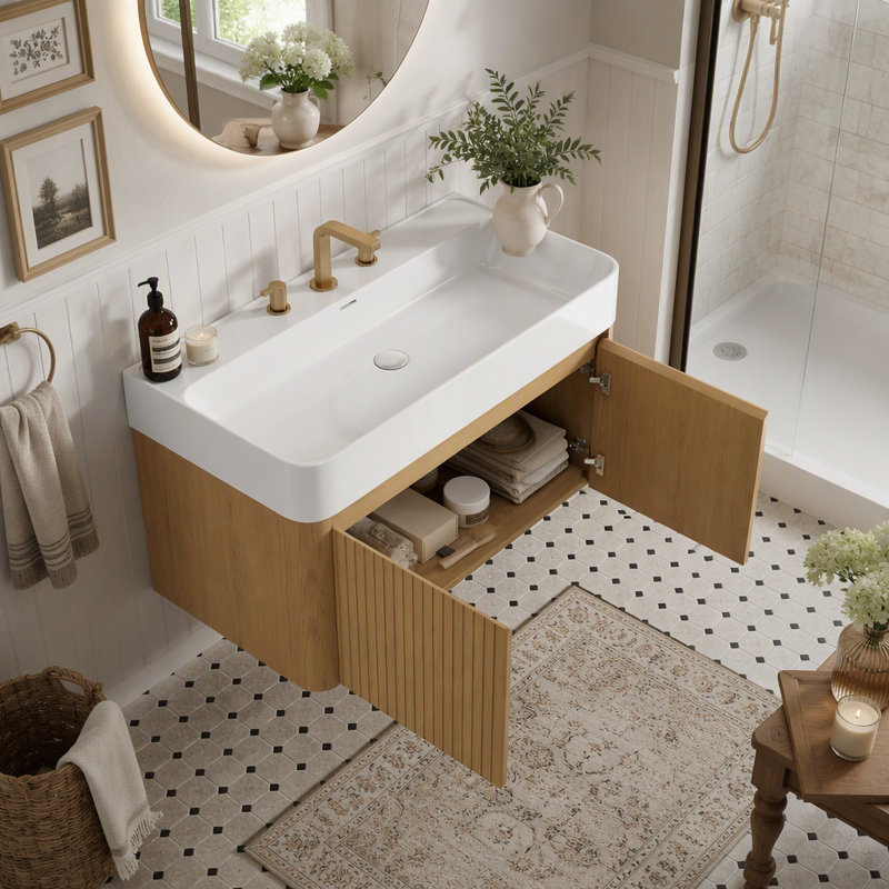 Meuble-lavabo suspendu avec lavabo intégré en surface solide et fini chêne pour des solutions de rangement modernes, 47" W