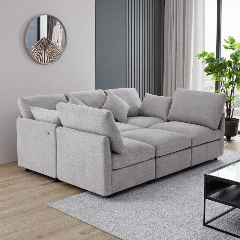 Canapé modulaire transformable avec repose-pieds mobile et ports USB, gris clair, Chenille gris pâle