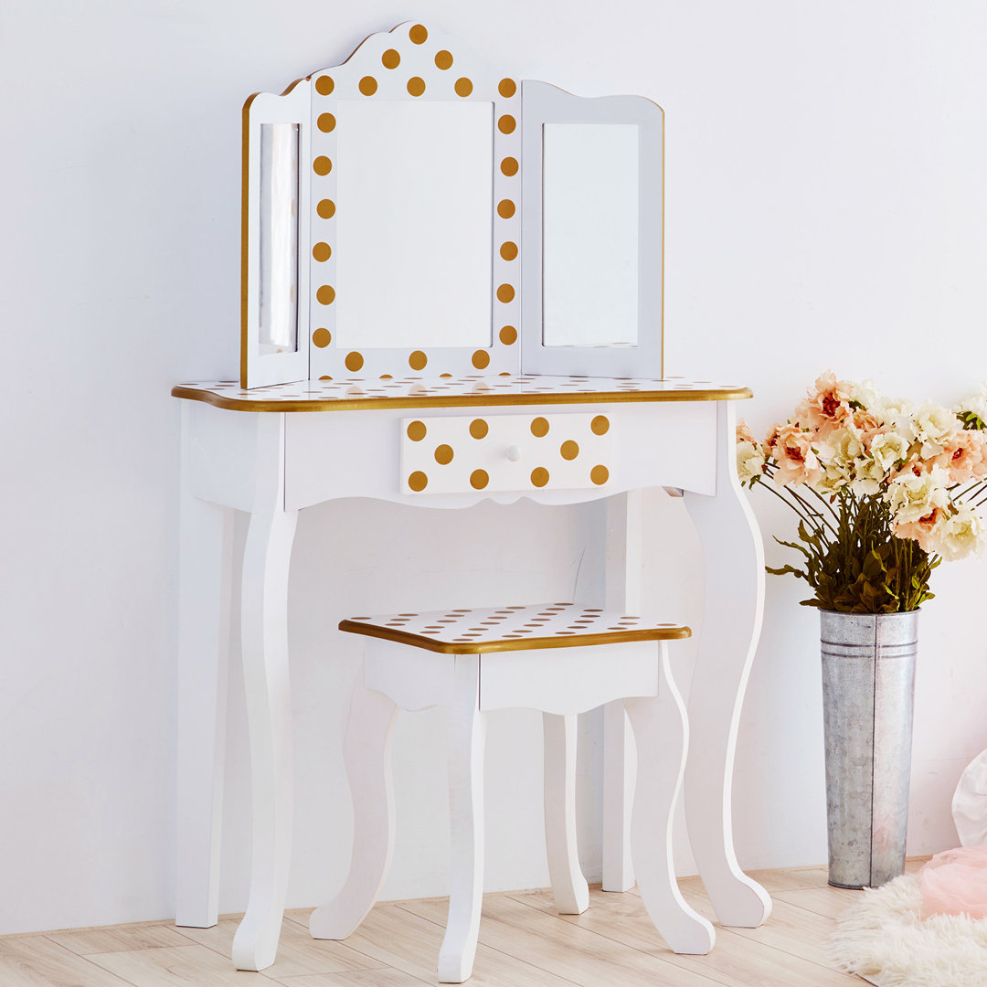 Teamson Kids Vanity Table and Chair Set with Mirror, Girls Wooden Dressing Table with Storage Drawer