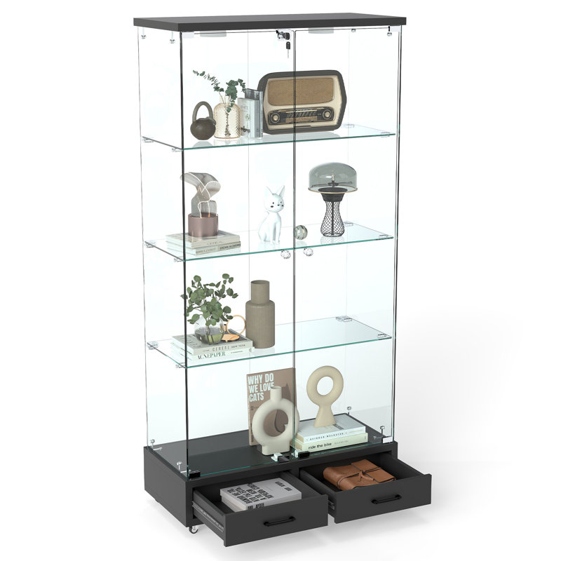 Modern Glass Display Cabinet With 2 Large Drawers, Black