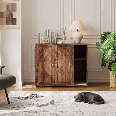 Cat Litter Box Furniture with Power Outlet, Hidden Litter Box Cabinet with Storage Divider & Double Doors, Wooden Cat Washroom Side Table