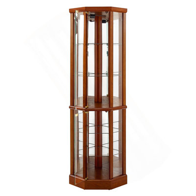 6 Shelf Lighted Corner Curio Cabinet With Adjustable Tempered Glass Shelves And Mirror Back, Oak(E26 Light Bulb Not Included)