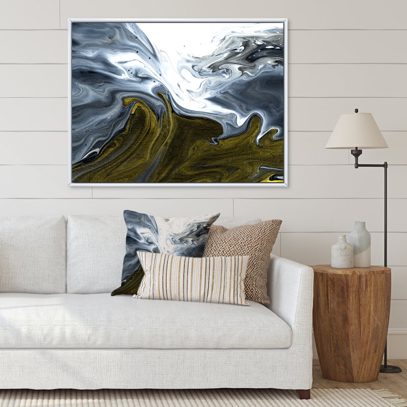 Marbre liquide noir, blanc et jaune I - peinture sur toile, Cadre flottant blanc, H 34 po x l 44 po