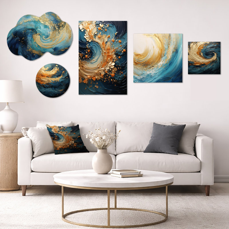 Golden Sapphire Surge I - ensemble de 5 grandes décorations murales abstraites, toile et métal (100 po x 40 po)