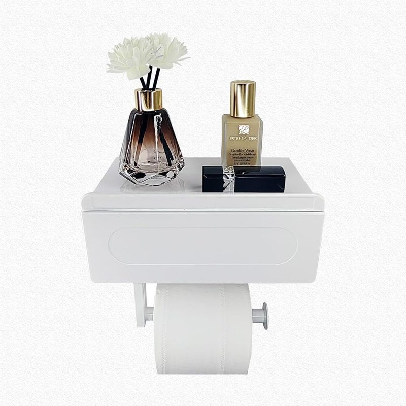 Porte-papier hygiénique pour salle de bain - plastique blanc brillant, tiroir de rangement intégré, double fixation, tablette réglable, résistant à la rouille