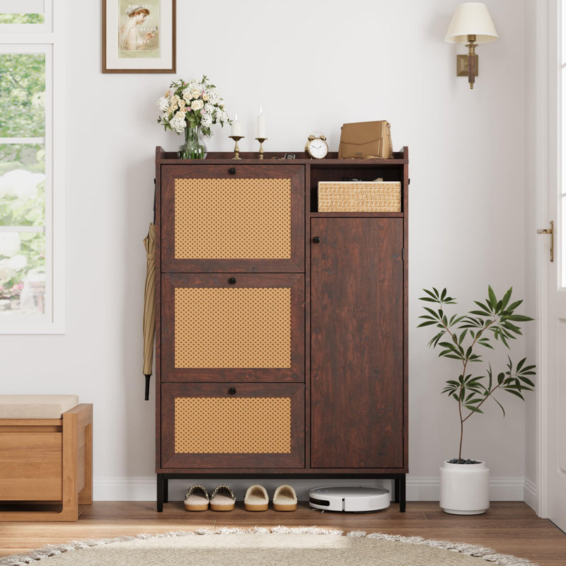 Shoe Cabinet Rattan with 3 Flip Drawers and 4-Tier Shoe Storage Cabinet, Deep Cherry