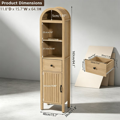 64" Tall Narrow Storage Tower, Fluted Doors, Drawer & Adjustable Shelves, Walnut