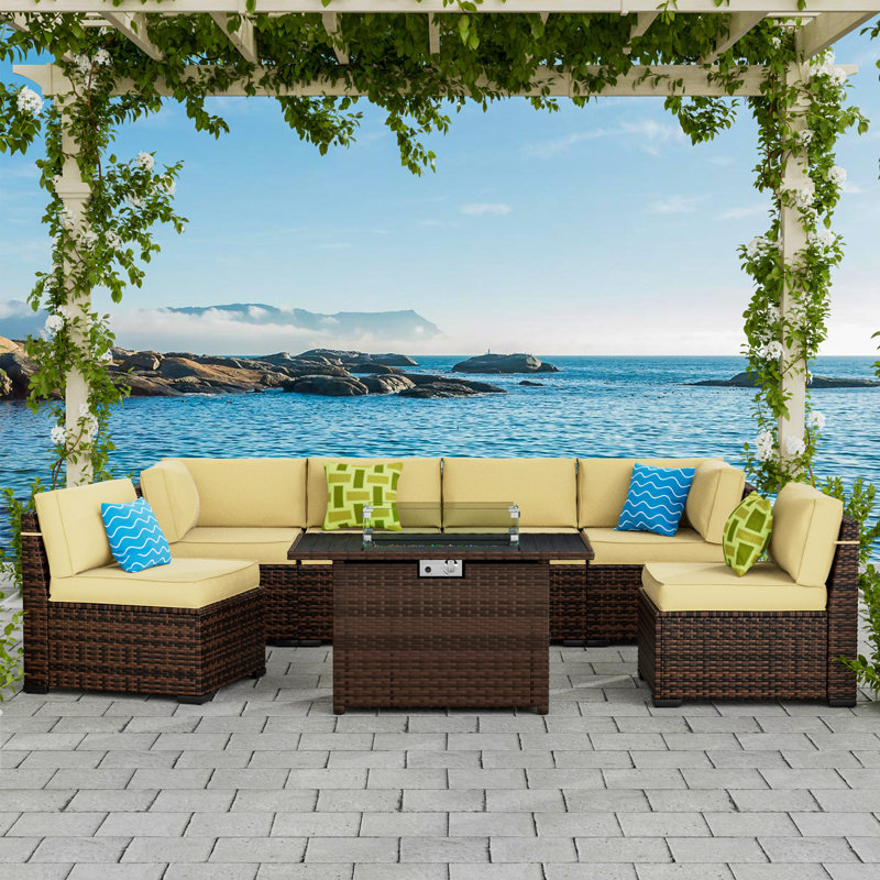 Treyshun Wicker 6-Person Sectional Conversation Sets with Cushions, Beige, Yes