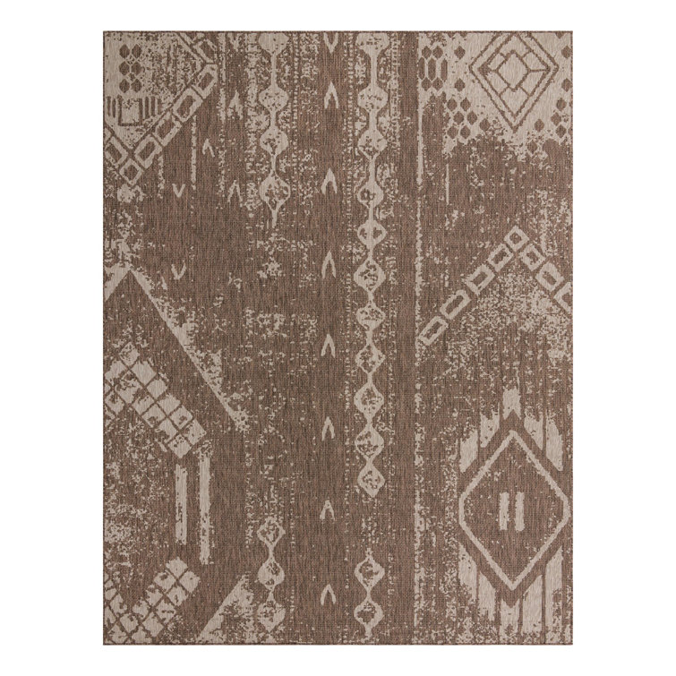 Brison Geometric Machine Woven Rectangle 9'10" x 13' Polypropylene Indoor / Outdoor Area Rug in Brown/Light Brown