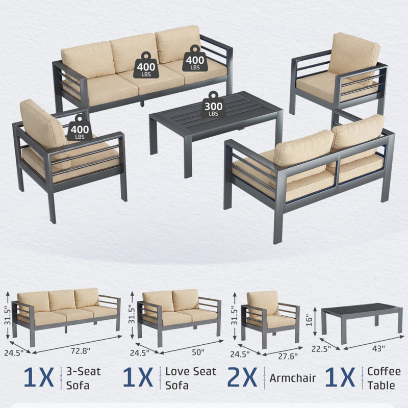 Aluminum 7-Seat Outdoor Patio Furniture Set, 5-Piece Modern Metal Sectional Sofa With Coffee Table, Beige