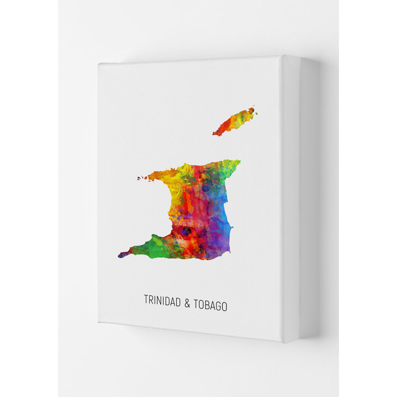 Trinidad And Tobago Watercolour Map by Michael Tompsett - Print, 84cm H x 59.4cm W x 4cm D, Wrapped Canvas