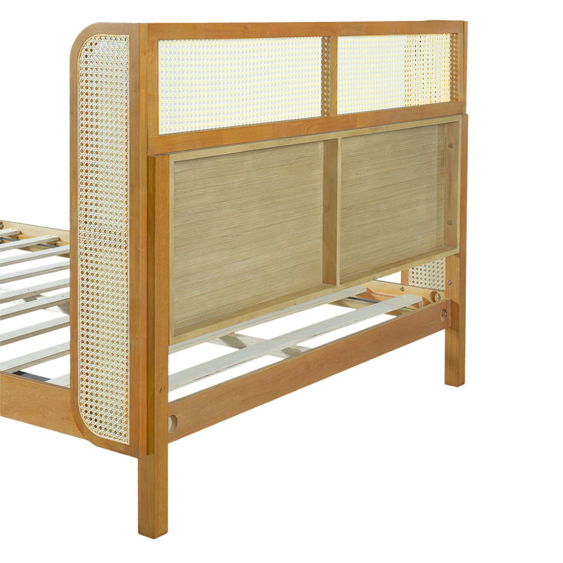Cadre de lit plateforme en bois d'hévéa de qualité supérieure, cadre de lit grand avec tête de lit inclus, lit moderne de style Mid-Century de couleur naturelle